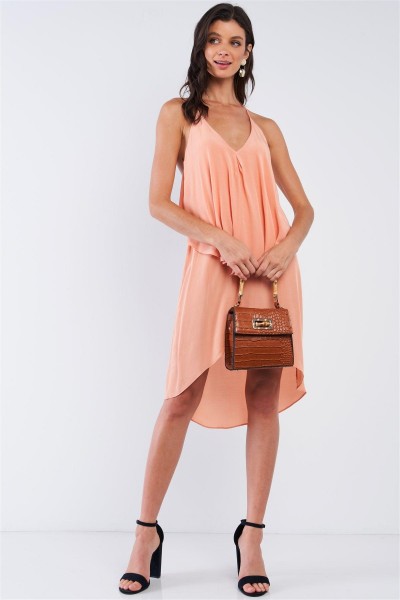 Peach Asymmetrical Sleeveless Deep Plunge V-Neck Layered Flowy Self-Tie Back T-Shaped Halter Neck Tie Mini Dress