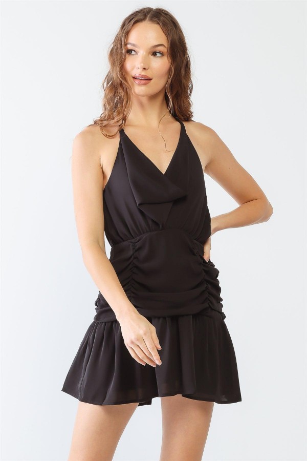 Black Cowl Neck Ruched Strappy Layered Mini Dress /1-2-2-1