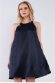 Solid Navy Blue Satin Front Cloth Back Sleeveless Loose Fit Mini Dress