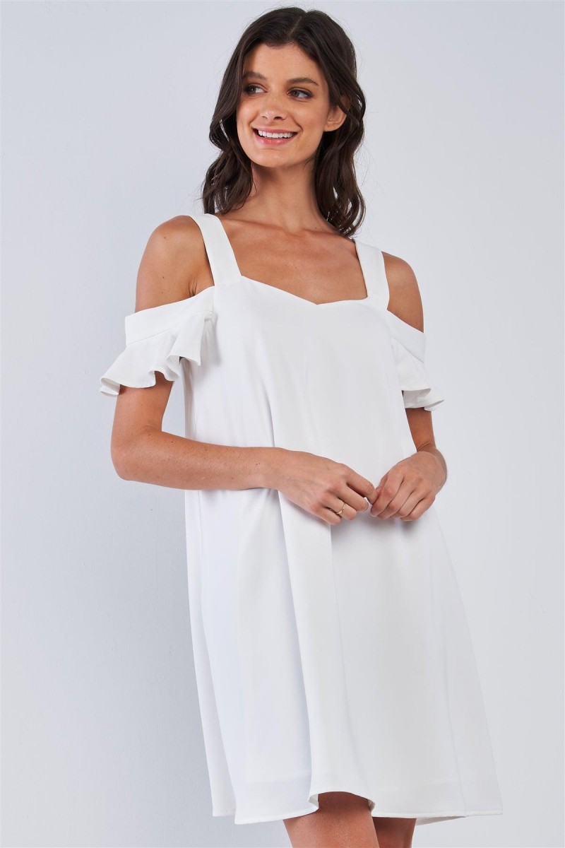 Off-White Relaxed Fit V-Neck Ruffle Sleeve Mini Dress