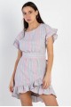 Striped Ruffle Sleeve Flare Hem Self Tie Mini Dress