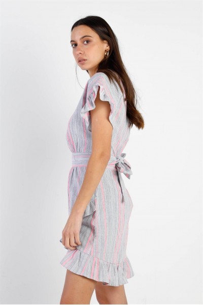 Striped Ruffle Sleeve Flare Hem Self Tie Mini Dress