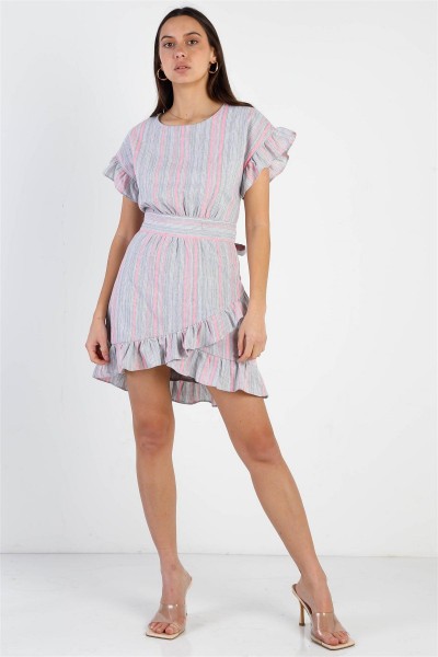 Striped Ruffle Sleeve Flare Hem Self Tie Mini Dress