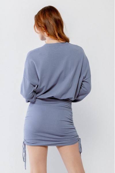 Dusty Blue Ruched Crew Neck Long Sleeve Mini Dress /3-2-1