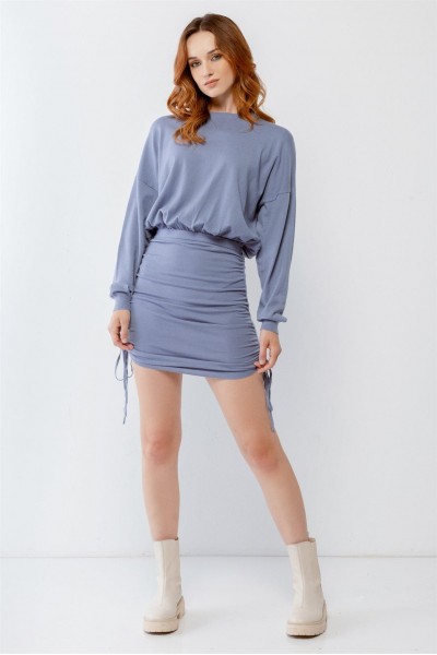 Dusty Blue Ruched Crew Neck Long Sleeve Mini Dress /3-2-1