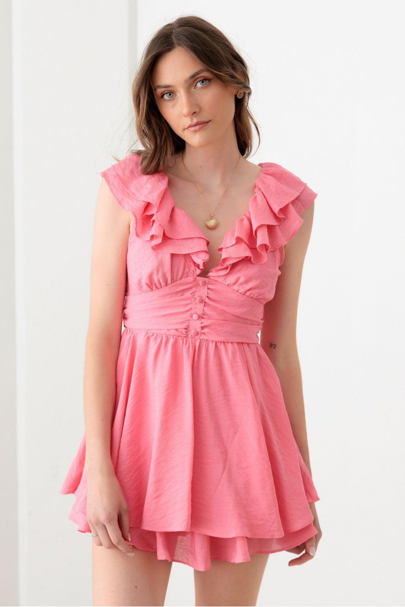 Doll Pink Ruffle Detail Front Button Romper Mini Dress