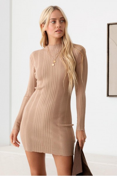 Long Sleeve Ribbed Mock Neck Mini Sweater Dress