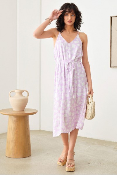 Printed Sleeveless Back Tie Front Slit Midi Dress