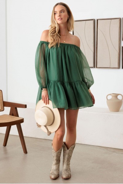 Organza Long Off Shoulder Wide Sleeve Mini Dress