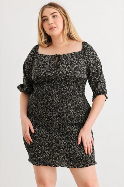 Plus Size Floral Smocked Puff Sleeve Tie Neck Mini Dress