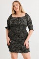 Plus Size Floral Smocked Puff Sleeve Tie Neck Mini Dress