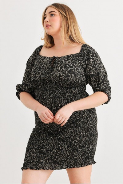 Plus Size Floral Smocked Puff Sleeve Tie Neck Mini Dress